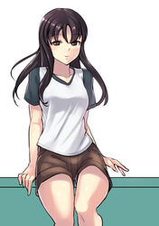  akasaka_ikuno arm_support black_hair brown_shorts closed_mouth commentary_request denim denim_shorts female half-closed_eyes highres long_hair looking_at_viewer raglan_sleeves red_eyes saki_(manga) shirt short_sleeves shorts sitting smile solo t-shirt thighs white_background yamaori_(yamaorimon) 