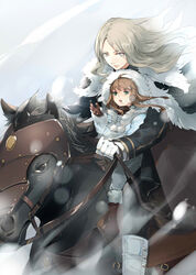  2girls absurdres blonde_hair blush brown_gloves brown_hair clare_(claymore) claymore_(series) commentary_request fur_trim gloves green_eyes grey_eyes highres holding holding_reins horse horseback_riding kumako_(pixiv4171671) long_hair multiple_girls open_mouth reins riding teresa_(claymore) white_background wind wind_lift 