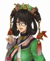  :d black-framed_eyewear black_hair chinese_clothes commentary_request dalachi_(headdress) female glasses hair_rings hand_up ktovhinao looking_at_viewer mole mole_under_mouth open_mouth samurai_spirits simple_background smile solo tassel updo white_background wu-ruixiang 