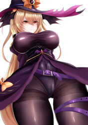  absurdres anpanmen_(anpanmenkosian) azur_lane bare_shoulders bat_wings belt belt_buckle black_hat black_leotard black_pantyhose blonde_hair bow breasts breasts_apart buckle cameltoe closed_mouth commentary_request covered_navel covered_nipples dress eyes_visible_through_hair female from_below frown hair_between_eyes hair_ornament hat highres jack-o&#039;-lantern jack-o&#039;-lantern_hair_ornament large_breasts leotard long_hair looking_down nelson_(azur_lane) nelson_(luna_witch)_(azur_lane) no_bra official_alternate_costume orange_bow orange_ribbon pantyhose purple_belt purple_dress purple_pantyhose red_eyes ribbon simple_background solo thigh_strap thighs very_long_hair wings witch_hat 