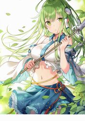  :o absurdres adapted_costume bare_shoulders blue_skirt breasts crop_top detached_sleeves female floating_hair frog_hair_ornament green_eyes green_hair hair_ornament hair_tubes highres holding kochiya_sanae large_breasts leaf long_hair looking_at_viewer midriff miniskirt navel parted_lips plant rie_(reverie) scan shirt skirt solo stomach touhou white_shirt wide_sleeves wing_collar 