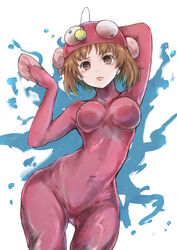  absurdres anglerfish_costume arm_behind_back arms_up bad_id bad_pixiv_id blue_background bodysuit breasts brown_eyes brown_hair closed_mouth commentary covered_navel covered_nipples cowboy_shot dancing ennui_orz female fish_hat girls_und_panzer hat highres leaning_to_the_side light_blush light_frown lips looking_at_viewer medium_breasts nishizumi_miho paint_splatter pink_bodysuit pink_hat short_hair sitting solo traditional_media 