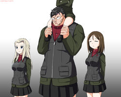  1boy 3girls arms_behind_back black_footwear black_hair black_skirt black_vest blonde_hair blue_eyes boots carrying clara_(girls_und_panzer) closed_eyes closed_mouth commentary_request crossdressing crossed_arms frown girls_und_panzer glasses gradient_background grappler_baki green_jacket green_jumpsuit grey_background hair_ornament hairclip hanayama_kaoru head_out_of_frame insignia jacket jumpsuit katakori_sugita katyusha_(girls_und_panzer) long_hair long_sleeves military military_uniform miniskirt multiple_girls nonna_(girls_und_panzer) odd_one_out opaque_glasses pleated_skirt pravda_military_uniform red_shirt scar shirt short_jumpsuit shoulder_carry skirt smile standing swept_bangs turtleneck twitter_username uniform vest white_background 