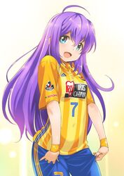  adidas ahoge blue_eyes commentary_request female idolmaster idolmaster_million_live! inoue_sora j._league long_hair looking_at_viewer mochizuki_anna open_mouth purple_hair short_sleeves simple_background smile soccer_uniform solo sportswear striped vegalta_sendai vertical_stripes wristband 