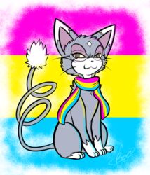  2019 blush digital_media_(artwork) eyewear fan_character felid feline female feral generation_4_pokemon glameow glasses lgbt_pride looking_at_viewer mammal nintendo pansexual_pride_colors pokemon pokemon_(species) pokemon_mystery_dungeon pride_color_background pride_colors rymherdier ryn_purrawri scarf simple_background smile solo spike_chunsoft wanderlust whiskers 