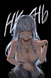  :p bad_id bad_twitter_id bare_arms bare_shoulders black_background blunt_bangs breasts character_name cleavage closed_mouth clothes_pull collarbone commentary_request eyelashes facial_mark female girls&#039;_frontline green_eyes grey_hair hair_ornament highres hk416_(girls&#039;_frontline) ihobus jewelry korean_commentary large_breasts long_hair looking_at_viewer necklace necktie plaid plaid_skirt pleated_skirt pulling_own_clothes shirt shirt_pull simple_background skirt smile solo standing tongue tongue_out upper_body wristband 