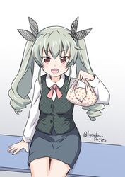  :d alternate_costume anchovy_(girls_und_panzer) bento black_ribbon black_skirt black_vest collared_shirt commentary dress_shirt drill_hair female girls_und_panzer green_hair hair_ribbon holding katakori_sugita long_hair looking_at_viewer medium_skirt neck_ribbon office_lady one-hour_drawing_challenge open_mouth pencil_skirt pink_ribbon plaid plaid_vest red_eyes ribbon shirt sitting skirt smile solo twin_drills twintails twitter_username vest white_shirt 