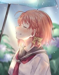  ^_^ ahoge bad_id bad_twitter_id blurry blurry_background blush bow braid closed_eyes female flower grin hairbow highres hydrangea love_live! love_live!_sunshine!! makura_(makura0128) neckerchief open_mouth orange_hair outdoors rain red_neckerchief school_uniform serafuku short_hair side_braid smile solo takami_chika tears umbrella upper_body uranohoshi_school_uniform wet yellow_bow 