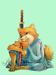  2019 3_toes anthro biped blue_clothing canid canine canis cheek_tuft clothing domestic_dog facial_tuft feet fur green_background hi_res holding_chin male mammal melee_weapon painting_(artwork) shiba_inu signature simple_background sitting solo spitz tan_body tan_fur taragraphika toes traditional_media_(artwork) tuft watercolor_(artwork) weapon 