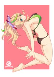  aqua_eyes ass bad_id bad_pixiv_id bare_legs bare_shoulders barefoot bikini black_bikini blonde_hair blush breasts commentary female full_body gene_(pso2) green_hair hair_between_eyes halterneck headgear huge_breasts jumping large_breasts long_hair looking_at_viewer multicolored_hair nyanmaru_(ememing) open_mouth outside_border phantasy_star phantasy_star_online_2 pink_background sidelocks simple_background skindentation smile solo streaked_hair swimsuit twintails twitter_username 