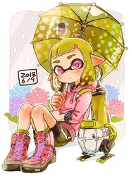  ankle_boots autobomb_(splatoon) bad_id bad_twitter_id black_shorts black_skirt blunt_bangs boots brella_(splatoon) closed_mouth commentary cross-laced_footwear drawstring female flower green_hair green_umbrella harutarou_(orion_3boshi) highres holding holding_umbrella holding_weapon hood hoodie hydrangea ink_tank_(splatoon) inkling inkling_(language) inkling_girl inkling_player_character lace-up_boots leaning_back light_frown logo long_sleeves looking_at_viewer miniskirt pink_footwear pink_shirt pointy_ears polka_dot print_skirt purple_eyes rain shadow shirt shorts shorts_under_skirt single_vertical_stripe sitting skirt solo splat_brella_(splatoon) splatoon_(series) splatoon_2 tentacle_hair umbrella weapon 