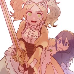  1boy 2girls aged_down ararecoa bad_id bad_twitter_id blonde_hair blue_eyes blue_hair commentary dress falchion_(fire_emblem) fire_emblem fire_emblem_awakening holding holding_sword holding_weapon lissa_(fire_emblem) lucina_(fire_emblem) multiple_girls owain_(fire_emblem) protecting sword twintails weapon yellow_eyes 