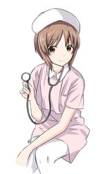  brown_eyes brown_hair closed_mouth collared_dress commentary_request cropped_legs dress female girls_und_panzer hat holding invisible_chair katakori_sugita looking_at_viewer nishizumi_miho nurse nurse_cap pantyhose partial_commentary pink_dress short_hair short_sleeves simple_background sitting smile solo stethoscope white_background white_hat white_pantyhose 