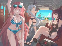  4girls :d aircraft alternate_costume alternate_hairstyle ass barefoot beach bikini black_bikini black_one-piece_swimsuit blue_bikini blue_sky breasts casual_one-piece_swimsuit ch-47_chinook cleavage cloud commentary_request crossed_legs day dinergate_(girls&#039;_frontline) eyewear_on_head five-seven_(cruise_queen)_(girls&#039;_frontline) five-seven_(girls&#039;_frontline) flower front-tie_bikini_top front-tie_top g28_(girls&#039;_frontline) girls&#039;_frontline green_hair hair_flower hair_ornament hair_ribbon halterneck hand_on_own_thigh helicopter helicopter_interior long_hair looking_at_viewer looking_back medium_breasts milkshake multiple_girls navel non-humanoid_robot ntw-20_(girls&#039;_frontline) ntw-20_(op._blazing_sun)_(girls&#039;_frontline) ocean official_alternate_costume one-piece_swimsuit open_mouth pink_hair ponytail purple_hair ribbon robot sandals sangvis_ferri sitting sky smile standing strapless strapless_one-piece_swimsuit string_bikini striped_bikini striped_clothes sunglasses swimsuit tab_(tabkun) thigh_strap underwear very_long_hair wa2000_(girls&#039;_frontline) wa2000_(op._manta_ray)_(girls&#039;_frontline) waving white_flower white_hair 