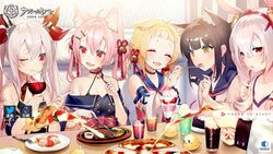  5girls :d ;) ^_^ ahoge animal_ear_fluff animal_ears ariake_(azur_lane) asagi_yuna azur_lane bare_shoulders bell bird black_hair blonde_hair blush breasts cat_ears chick closed_eyes collarbone commentary_request cup eating fangs feeding food hair_between_eyes hair_ornament hair_ribbon hair_rings hairband hatsushimo_(azur_lane) highres holding holding_cup holding_food japanese_clothes jingle_bell laffey_(azur_lane) long_hair looking_at_viewer manjuu_(azur_lane) margherita_pizza multiple_girls oerba_yun_fang off-shoulder_shirt off_shoulder official_art one_eye_closed open_mouth out_of_frame pink_hair pinky_out pizza pointing rabbit_ears red_eyes ribbon shirt short_hair sitting small_breasts smile twintails two_side_up vampire_(azur_lane) white_hair yellow_eyes yuugure_(azur_lane) 