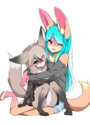  absurd_res anthro asian_clothing breasts canid canine clothed clothing cuddling duo east_asian_clothing female fennec_fox fox fully_clothed hi_res japanese japanese_clothing kimono mammal nanachi_hantomei panties peachsoda simple_background true_fox underwear white_background 