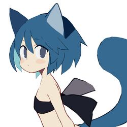  animal_ears bandeau bare_arms bare_shoulders black_bandeau black_eyes blue_hair blush_stickers closed_mouth commentary female hair_between_eyes looking_at_viewer looking_to_the_side original pappii_(paprika_shikiso) paprika_shikiso short_hair simple_background solo tail tail_raised upper_body white_background 