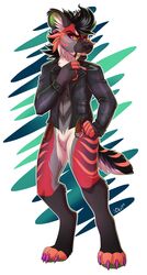  2017 5_fingers anthro black_nose citrinelle clothed clothing digital_media_(artwork) fingers hi_res hyena mammal navel purple_eyes sabertooth_(disambiguation) simple_background solo standing striped_hyena teeth yellow_sclera 