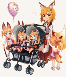  6+girls :3 afterimage aged_down animal_ear_fluff animal_ears backless_outfit balloon basilisk_time bell blonde_hair blue_eyes commentary_request crossover doitsuken fang_out flailing fox_ears fox_tail hair_bobbles hair_ornament headpat japanese_clothes jingle_bell kemomimi_oukoku_kokuei_housou lolicon long_hair miko mikoko_(kemomimi_oukoku_kokuei_housou) multiple_girls multiple_persona navel oerba_yun_fang orange_hair pacifier ponytail red_skirt senko_(sewayaki_kitsune_no_senko-san) sewayaki_kitsune_no_senko-san short_hair simple_background skirt smile socks stroller tail toddler twintails virtual_youtuber white_background yellow_eyes 