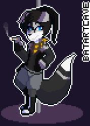  animated anthro batartcave black_body black_clothing black_footwear black_fur black_hair blue_eyes bottomwear canid canine canis cigarette clothed clothing digital_media_(artwork) dipstick_tail domestic_dog female footwear fur grey_body grey_bottomwear grey_clothing grey_fur hair looking_at_viewer loop male mammal markings multicolored_tail pixel_(artwork) pixel_animation short_playtime smile smoking solo standing street_lamp tail tail_markings white_body white_fur 