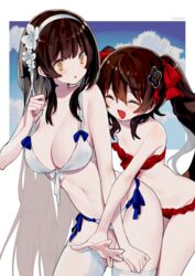  2girls :d :o ^_^ bare_arms bare_shoulders bikini blue_sky blush breasts brown_eyes brown_hair cleavage closed_eyes cloud commentary_request day flower girls&#039;_frontline groin hair_between_eyes hair_flower hair_ornament hairband large_breasts leaning_forward long_hair mimelond multiple_girls navel official_alternate_costume open_mouth outstretched_arm parted_lips partial_commentary red_bikini side-tie_bikini_bottom sky smile swimsuit thighhighs twintails type_95_(girls&#039;_frontline) type_95_(summer_cicada)_(girls&#039;_frontline) type_97_(girls&#039;_frontline) very_long_hair white_bikini white_flower white_hairband white_thighhighs 