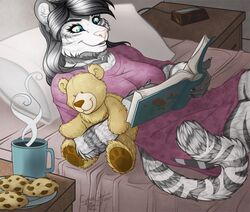  2017 alarm_clock anthro bed beverage black_body black_fur black_hair book breasts clock clothing coffee cookie cybercat felid female food fur furniture green_eyes hair jasmine_miller long_hair lying mammal on_back pantherine plushie siberian_tiger solo stripes teddy_bear tiger white_body white_fur 