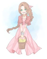  :d aerith_gainsborough aqua_eyes bad_id bad_twitter_id basket brown_hair cropped_jacket dress eyes_visible_through_hair female final_fantasy final_fantasy_vii flower hair_intakes hair_ribbon highres holding holding_basket jacket long_dress long_hair looking_at_viewer open_clothes open_jacket open_mouth pink_dress pink_ribbon puffy_short_sleeves puffy_sleeves red_jacket ribbon short_sleeves smile solo teeth toufu_(toufu_53) v_arms yellow_flower 