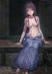  architecture barefoot black_hair blue_hakama breasts breasts_apart brown_eyes collarbone commentary_request east_asian_architecture fatal_frame fatal_frame_3 female frown hair_censor hair_over_breasts hakama hakama_short_skirt hakama_skirt highres hip_vent japanese_clothes long_hair looking_at_viewer medium_breasts navel proudsoul sidelocks sitting skirt solo tattoo topless veranda wooden_wall yukishiro_reika 