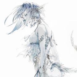  ass au_ra bikini blue_eyes dragon_horns dragon_tail female final_fantasy final_fantasy_xiv horns hug_ff14 looking_at_viewer profile scales see-through solo swimsuit tail white_background white_bikini white_hair white_skin 