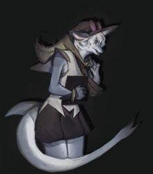  anthro blue_eyes bottomwear bracelet claws clothed clothing eyewear eyewear_on_head female fish furgonomics glasses glasses_on_head hair hat headgear headwear hi_res jewelry marine open_mouth scarf shark skirt soda_uyu solo tail tail_through_skirt white_hair 