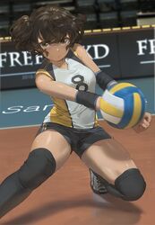  ball bare_shoulders black_shorts black_thighhighs blurry blurry_background blush breasts brown_eyes brown_hair bump_(volleyball) closed_mouth collarbone commentary dark-skinned_female dark_skin depth_of_field elbow_pads female free_style_(yohan1754) grey_footwear highres indoors looking_at_viewer medium_breasts motion_blur original own_hands_together playing_sports serious shoes short_hair shorts sleeveless sneakers solo sportswear sweat thighhighs two_side_up v-shaped_eyebrows volleyball volleyball_(object) volleyball_uniform 