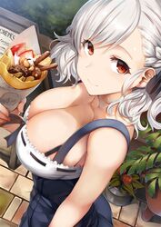  alternate_costume bangs bare_shoulders black_ribbon blush breasts cleavage closed_mouth collarbone crepe day dress eyebrows_visible_through_hair female food girls_frontline hair_ribbon highres holding holding_food large_breasts lolicept long_hair looking_at_viewer menu_board outdoors pov red_eyes ribbon sidelocks silver_hair smile solo spas-12_(girls_frontline) tareme twintails 