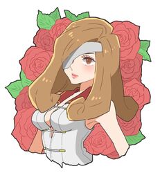  bad_id bad_twitter_id beatrix_(ff9) breasts brown_eyes brown_hair closed_mouth cropped_arms cropped_torso curly_hair eyepatch female final_fantasy final_fantasy_ix flower highres leaf long_hair medium_breasts red_flower red_rose rose solo toufu_(toufu_53) upper_body white_background 