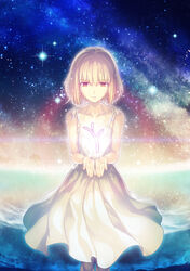  bare_shoulders blonde_hair coral dress feet_out_of_frame female floating floating_object highres looking_down nebula night night_sky official_art outdoors sasaki_shounen short_hair sky sleeveless sleeveless_dress solo spaghetti_strap star_(sky) starry_sky storyteller_girl_(tsuki_no_sango) tsuki_no_sango water white_dress yellow_eyes 