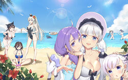  aged_down ahoge animal_ears ark_royal_(azur_lane) atago_(azur_lane) atago_(summer_march)_(azur_lane) azur_lane bad_id bad_pixiv_id bald_eagle beach belfast_(azur_lane) bikini bird black_hair black_one-piece_swimsuit blue_eyes bow breasts brown_hair cleavage clothing_cutout commentary_request day eagle enterprise_(azur_lane) extra_ears graf_zeppelin_(azur_lane) grim_(azur_lane) hair_ornament hairband hat hugging_object illustrious_(azur_lane) large_breasts little_bel_(azur_lane) long_hair lueluelue-lue mole mole_under_eye multiple_girls navel_cutout ning_hai_(azur_lane) ning_hai_(summer_hunger)_(azur_lane) ocean official_alternate_costume one-piece_swimsuit open_mouth outdoors photoshop_(medium) ping_hai_(azur_lane) ping_hai_(summer_vacation)_(azur_lane) purple_eyes purple_hair ribbon short_hair strapless stuffed_animal stuffed_toy stuffed_winged_unicorn sun_hat swept_bangs swimsuit twintails unicorn_(azur_lane) very_long_hair white_bikini white_bow white_hair white_headwear white_ribbon 