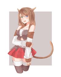  :d animal_ears bad_id bad_twitter_id bare_shoulders blue_eyes breasts brown_hair cat_ears cat_girl cat_tail cleavage cosplay crop_top cropped_legs detached_sleeves female final_fantasy final_fantasy_x final_fantasy_xiv green_eyes hair_between_eyes hand_on_own_arm heterochromia highres kemonomimi_mode long_sleeves medium_breasts medium_hair miniskirt miqo&#039;te navel open_mouth puffy_long_sleeves puffy_sleeves red_skirt skirt smile solo tail teeth thighhighs toufu_(toufu_53) warrior_of_light_(ff14) white_thighhighs yuna_(ff10) 