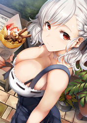  alternate_costume bangs bare_shoulders black_ribbon blue_dress blush breasts cleavage closed_mouth collarbone crepe day dress eyebrows_visible_through_hair female food girls_frontline hair_ribbon highres holding holding_food large_breasts lolicept long_hair looking_at_viewer looking_to_the_side menu_board outdoors plant potted_plant pov red_eyes ribbon sidelocks silver_hair smile solo spas-12_(girls_frontline) swept_bangs tareme twintails 