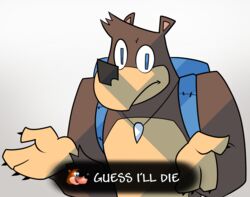  2019 4_fingers anthro backpack banjo-kazooie banjo_(banjo-kazooie) bear black_claws black_nose blue_eyes brown_body brown_fur claws close-up english_text fingers fur gesture grey_background guess_i&#039;ll_die hi_res humor jewelry looking_at_viewer male mammal meme necklace potoobrigham rareware reaction_image shrug simple_background solo text translated 