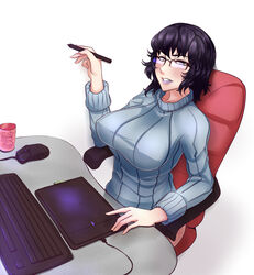  breasts chair commentary_request computer_mouse drawing_tablet female glasses grey_eyes highres large_breasts lipstick looking_at_viewer makeup mangaka nofuture original purple_hair ribbed_sweater short_hair simple_background sitting solo sweater wacom white_background 