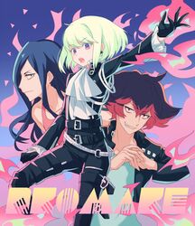  3boys ascot asuda bad_id bad_twitter_id black_gloves black_jacket blonde_hair blue_eyes blue_hair earrings gloves green_hair grin gueira half_gloves jacket jewelry lio_fotia mad_burnish male_focus meis_(promare) multiple_boys open_mouth outstretched_arm promare purple_eyes red_hair shirt smile 