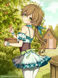  ahoge back-seamed_legwear bad_id bad_pixiv_id bare_shoulders basket blue_sky blush breasts brown_hair closed_mouth cloud cloudy_sky commentary_request copyright_notice day detached_sleeves door dress female from_side green_dress green_eyes green_ribbons green_sleeves hair_between_eyes hair_ribbon hashibami_(teikoku_senki) hazelnut head_tilt holding holding_basket house long_hair looking_at_viewer looking_back low_ponytail nut_(food) official_art outdoors pantyhose plaid plaid_dress plaid_ribbon ponytail puffy_short_sleeves puffy_sleeves ribbon seamed_legwear short_dress short_sleeves sky sleeveless sleeveless_dress small_breasts smile solo standing teikoku_senki tree very_long_hair watermark white_pantyhose window wrist_cuffs yuuki_rika 