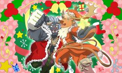  abs anthro antlers barazoku beard black_body black_fur blue_eyes chains christmas deer duo facial_hair felid fur hi_res holidays horn krampus_(tas) lifewonders lion male mammal mane new_world_deer orange_body orange_fur pantherine reindeer signature subaru_aotk tokyo_afterschool_summoners yule_(tas) 