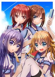  4girls adapted_costume angel_beats! blonde_hair blue_eyes blue_skirt blue_sky brown_hair cloud commentary_request contrail cowboy_shot duplicate food girls_dead_monster grey_legwear hisako_(angel_beats!) irie_miyuki iwasawa_masami long_hair looking_at_viewer multiple_girls nakamura_hinato one_eye_closed pixel-perfect_duplicate pleated_skirt ponytail popsicle purple_eyes purple_hair red_eyes red_hair school_uniform sekine_shiori serafuku shinda_sekai_sensen_uniform short_hair short_sleeves skirt sky sleeves_rolled_up thighhighs upper_body watermelon_bar 