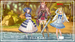  3girls :d absurdres animal_ear_fluff animal_ears arm_up arms_under_breasts barefoot belt bird_wings black_hair blonde_hair blue_bow blue_eyes blue_ribbon blush boots bow breasts brown_hair chinese_commentary collarbone commentary_request day dress feathered_wings filo_(tate_no_yuusha_no_nariagari) frilled_sleeves frills full_body gloves grass hair_ornament hair_ribbon hairclip hand_on_own_hip high_collar highres juliet_sleeves long_hair long_sleeves looking_at_viewer melty_q_melromarc multiple_girls nature open_mouth outdoors petite pink_eyes puffy_sleeves raccoon_ears raccoon_girl raccoon_tail raphtalia recording red_eyes ribbon rock sidelocks signature smile sword tail tate_no_yuusha_no_nariagari thigh_boots thighhighs tree twintails variant_set very_long_hair viewfinder wading water weapon white_dress white_wings wings xiaoxi0619 