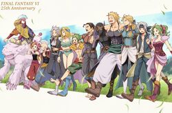  1other 3girls 6+boys ambiguous_gender ascot bare_shoulders blonde_hair bow breasts cape celes_chere cleavage closed_mouth commentary_request cyan_garamonde detached_sleeves dress edgar_roni_figaro everyone final_fantasy final_fantasy_vi gau gloves gogo green_eyes green_hair hair_ribbon highres ichi_(pixiv6373491) leotard locke_cole long_hair medium_hair mog moogle multiple_boys multiple_girls pectorals ponytail relm_arrowny ribbon sabin_rene_figaro setzer_gabbiani shadow_(ff6) strago_magus terra_branford umaro 