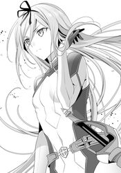  breasts cleavage closed_mouth covered_navel detached_sleeves dutch_angle female floating_hair gloves greyscale hair_between_eyes hair_ribbon highres krulcifer_einfolk long_hair long_sleeves monochrome murakami_yuichi non-web_source novel_illustration official_art ribbon saijaku_muhai_no_bahamut sheath sheathed simple_background small_breasts solo standing sword upper_body very_long_hair weapon white_background 