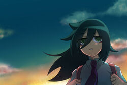  bags_under_eyes black_hair cloud commentary_request female floating_hair green_eyes hair_between_eyes hakka0320 kuroki_tomoko long_hair necktie photoshop_(medium) school_uniform sky solo twilight watashi_ga_motenai_no_wa_dou_kangaetemo_omaera_ga_warui! 