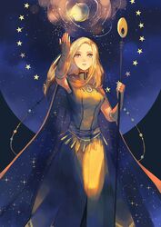  anocurry blonde_hair bracelet commentary_request dress female gloves jewelry long_hair looking_at_viewer necklace night octopath_traveler octopath_traveler_i ophilia_clement simple_background solo staff standing star_(symbol) 