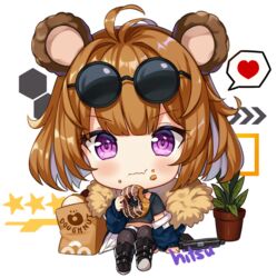  :t aged_down animal_ears antenna_hair bad_id bad_twitter_id bear_ears black-framed_eyewear black_footwear black_shirt black_shorts blue_jacket boots brown_hair brown_thighhighs chibi closed_mouth commentary crop_top doughnut eating eyewear_on_head female food food_on_face full_body girls&#039;_frontline grizzly_mkv_(girls&#039;_frontline) grizzly_mkv_(teddy_transform!)_(girls&#039;_frontline) grizzly_win_mag gun hair_between_eyes handgun heart hitsukuya holding holding_food jacket knee_boots knees_up long_sleeves looking_at_viewer name_connection object_namesake off_shoulder official_alternate_costume open_clothes open_jacket purple_eyes shirt short_shorts short_sleeves shorts signature sitting solo spoken_heart star_(symbol) sunglasses symbol-only_commentary thighhighs v-shaped_eyebrows wavy_mouth weapon white_background 