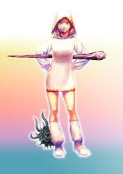  blue_eyes boots breasts catastrophe commentary_request dress female final_fantasy final_fantasy_5 highres hood lenna_charlotte_tycoon medium_hair monster non_(nonbiriya_mini) one-eyed open_mouth pink_hair robe solo staff weapon white_mage_(final_fantasy) 